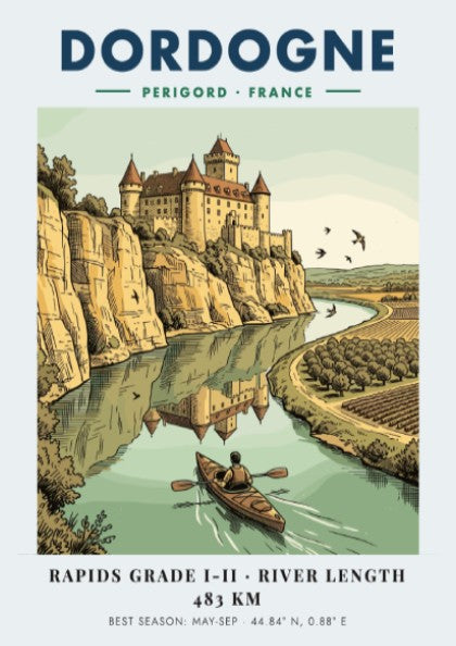 Poster featuring a castle overlooking the Dordogne River with a person kayaking below