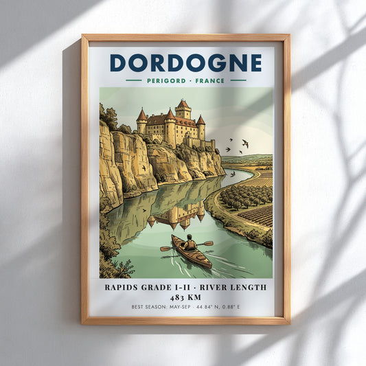 Poster featuring a castle overlooking the Dordogne River with a person kayaking below