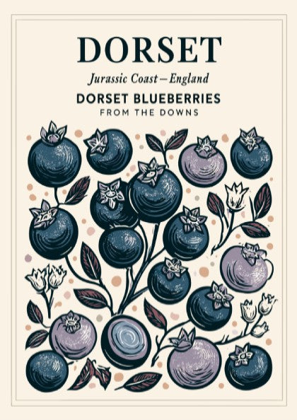 Kitchen poster featuring illustrated blueberries in blue and pastel tones, perfect for home decor.