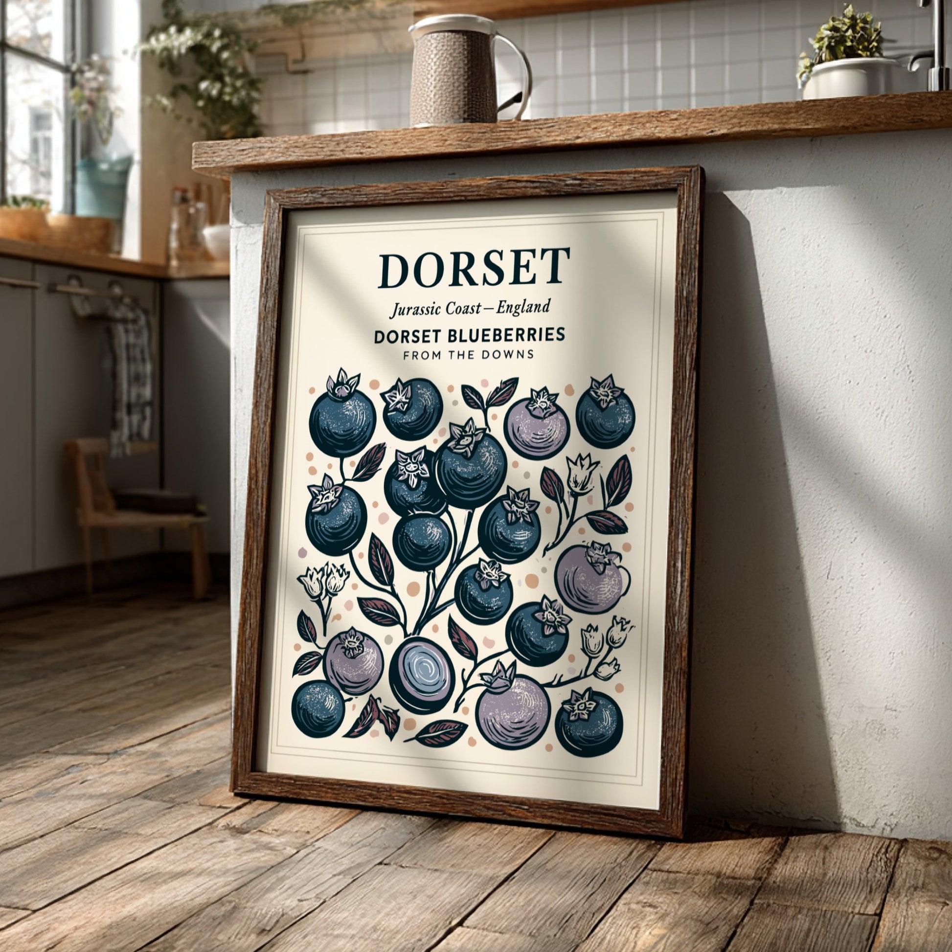 Kitchen poster featuring illustrated blueberries in blue and pastel tones, perfect for home decor.