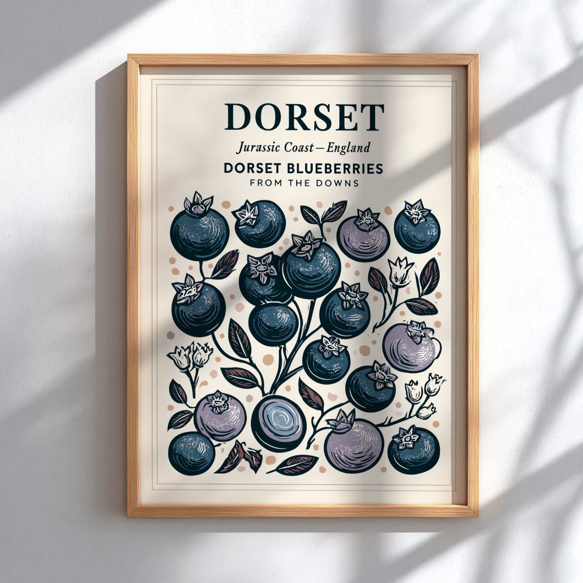 Kitchen poster featuring illustrated blueberries in blue and pastel tones, perfect for home decor.