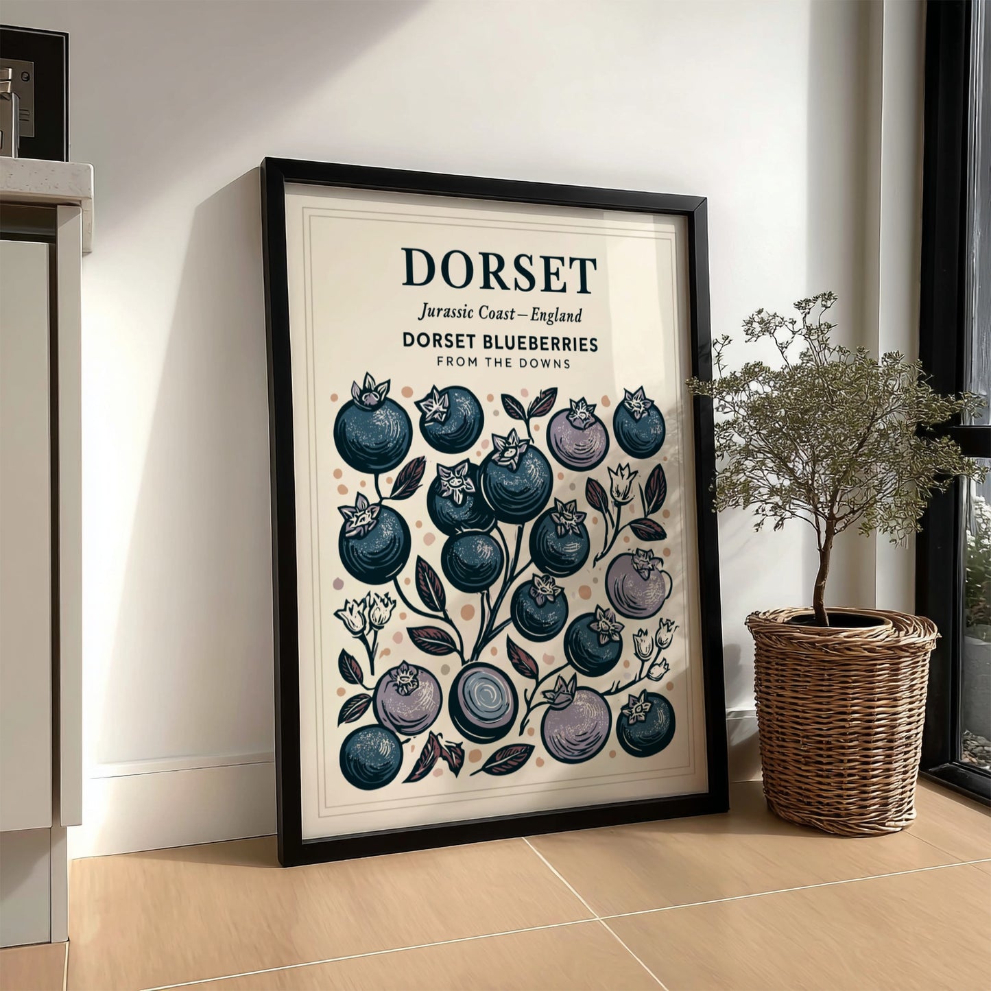 Kitchen poster featuring illustrated blueberries in blue and pastel tones, perfect for home decor.