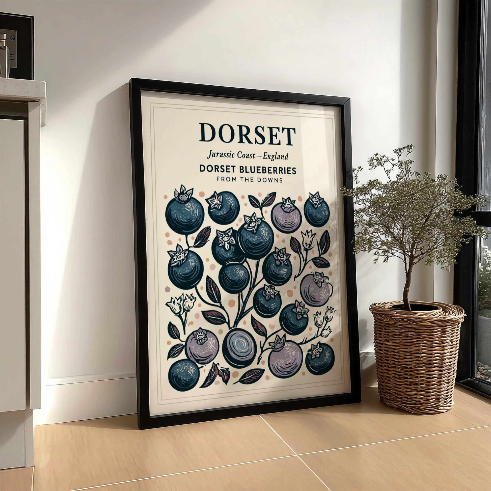 Kitchen poster featuring illustrated blueberries in blue and pastel tones, perfect for home decor.