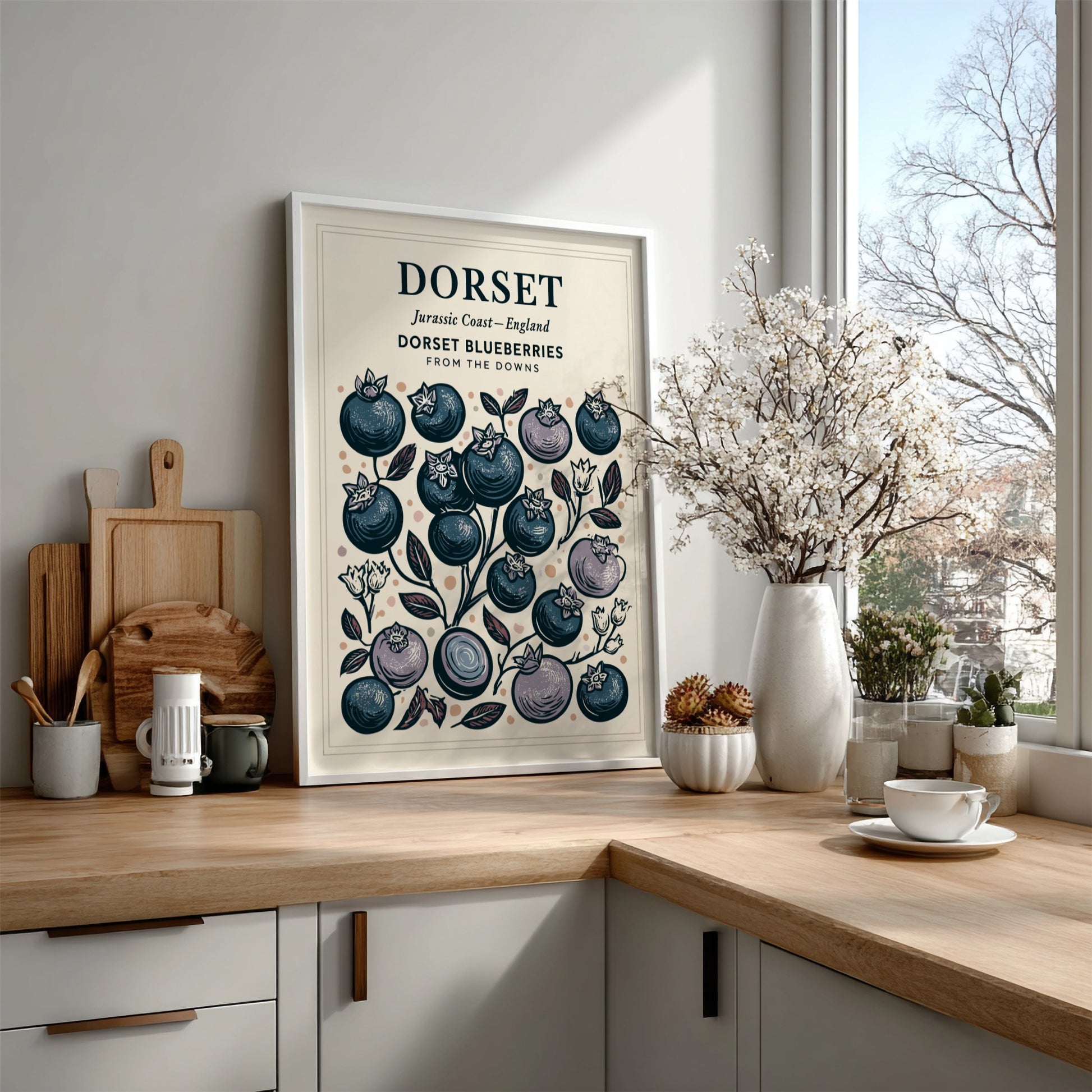 Kitchen poster featuring illustrated blueberries in blue and pastel tones, perfect for home decor.