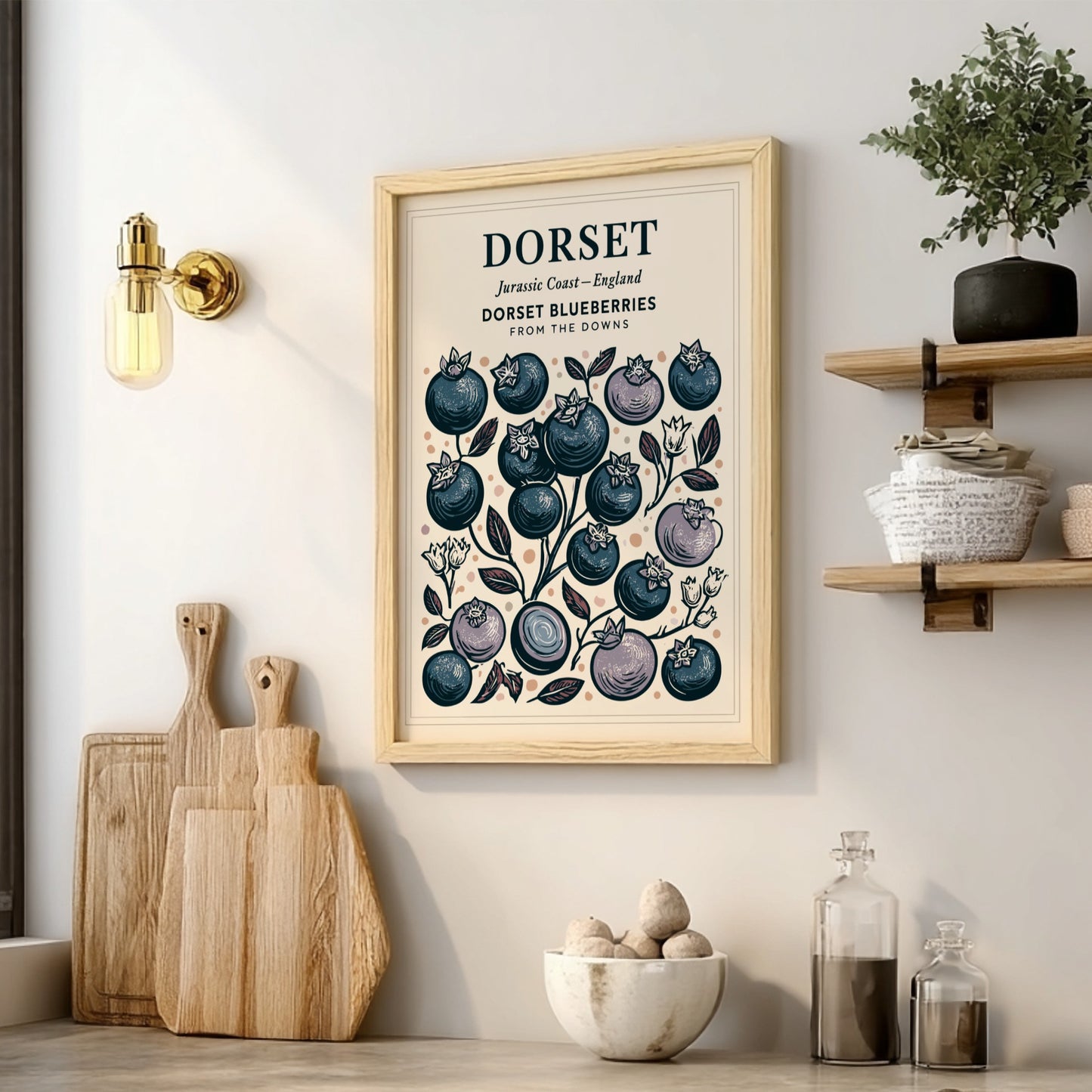 Kitchen poster featuring illustrated blueberries in blue and pastel tones, perfect for home decor.
