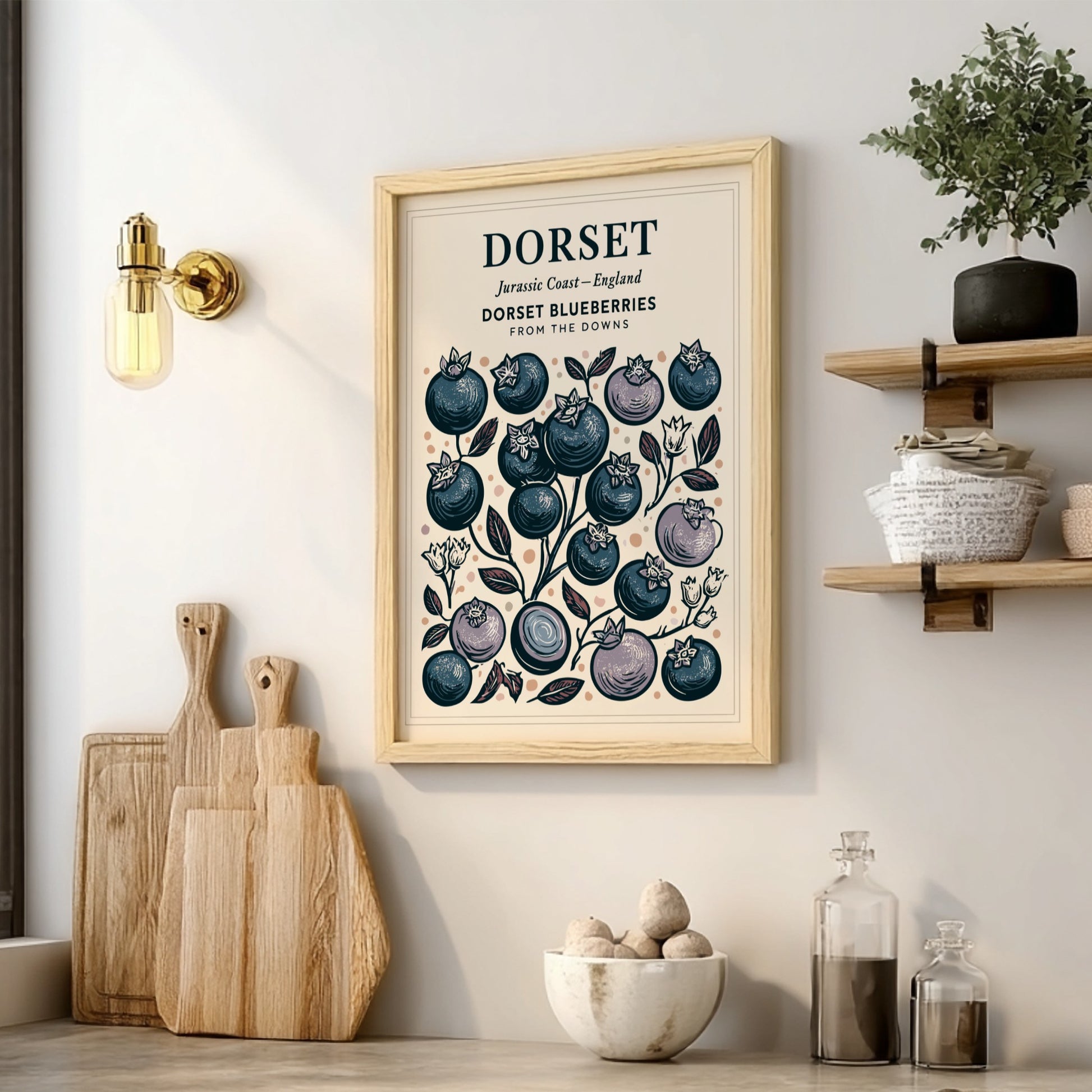 Kitchen poster featuring illustrated blueberries in blue and pastel tones, perfect for home decor.