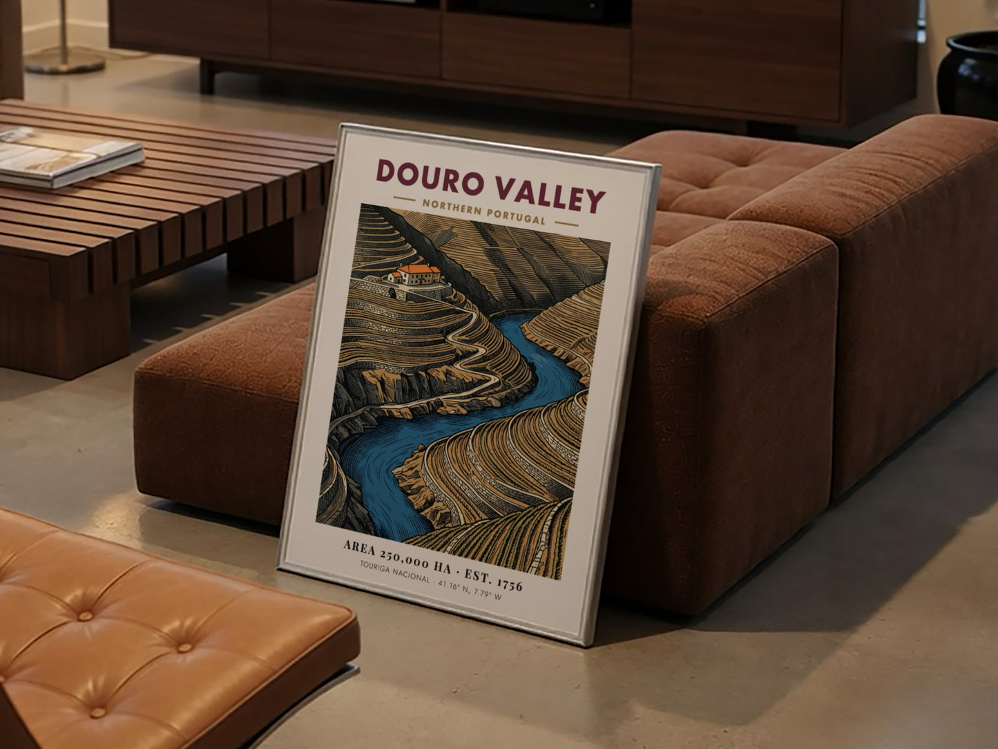 Poster of Douro Valley in Portugal showing terraced vineyards and a blue river.