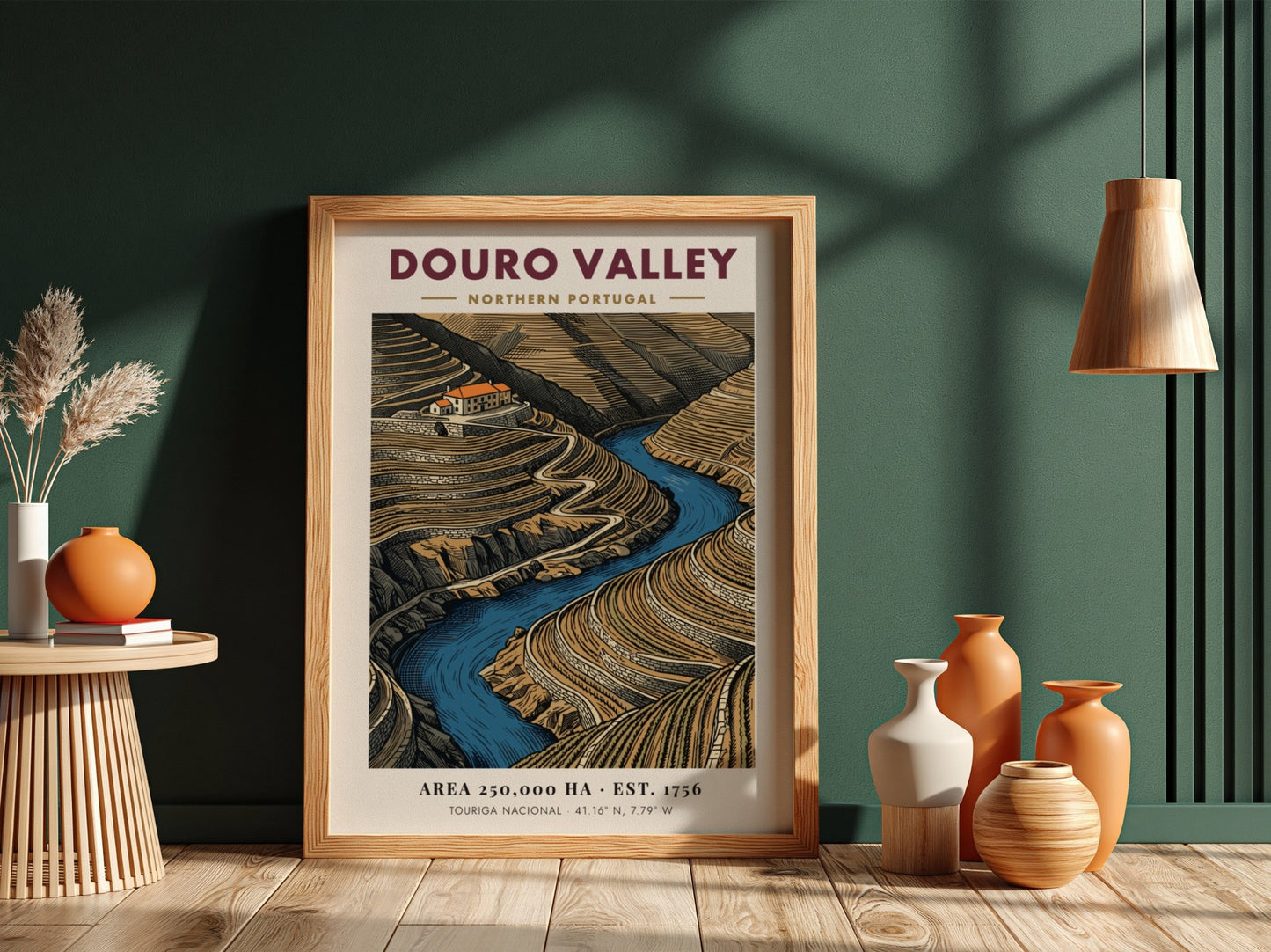 Poster of Douro Valley in Portugal showing terraced vineyards and a blue river.