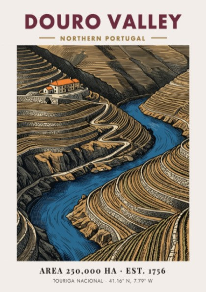 Poster of Douro Valley in Portugal showing terraced vineyards and a blue river.