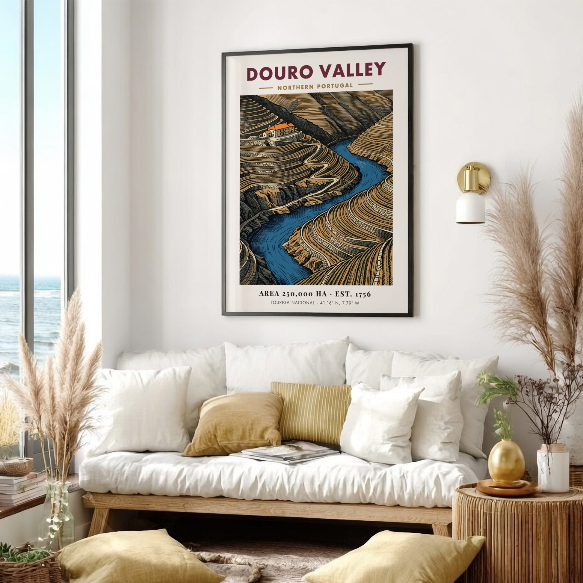 Poster of Douro Valley in Portugal showing terraced vineyards and a blue river.