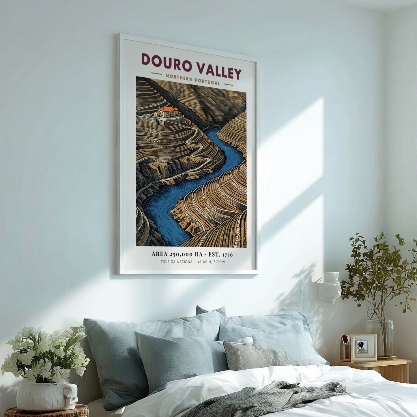 Poster of Douro Valley in Portugal showing terraced vineyards and a blue river.