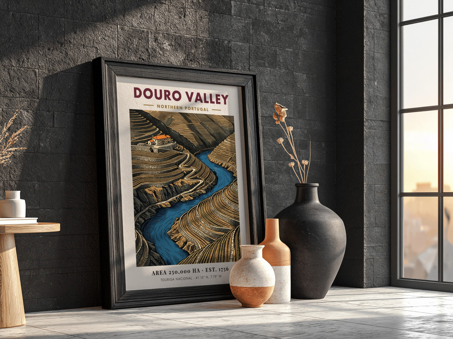 Poster of Douro Valley in Portugal showing terraced vineyards and a blue river.