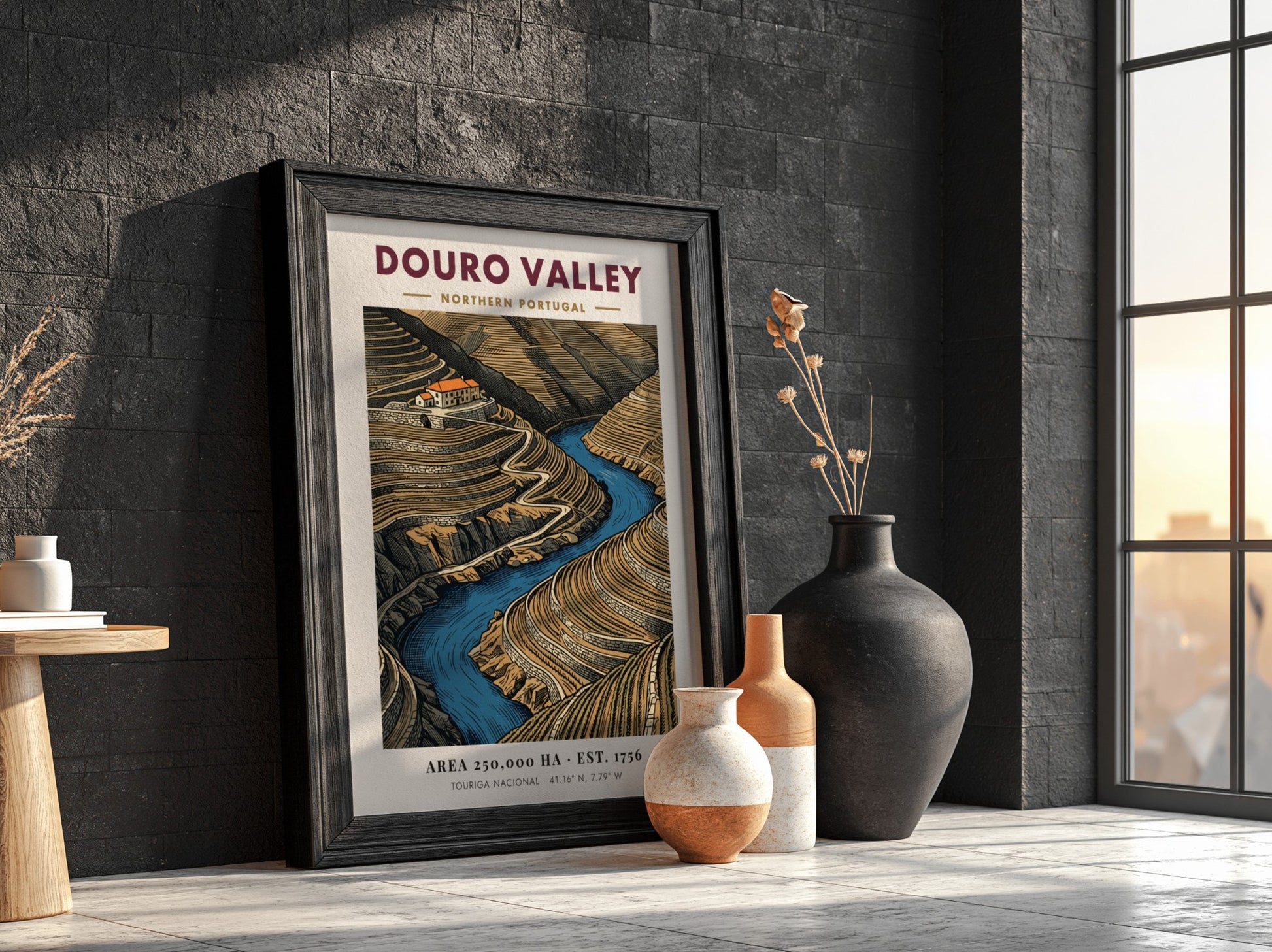 Poster of Douro Valley in Portugal showing terraced vineyards and a blue river.