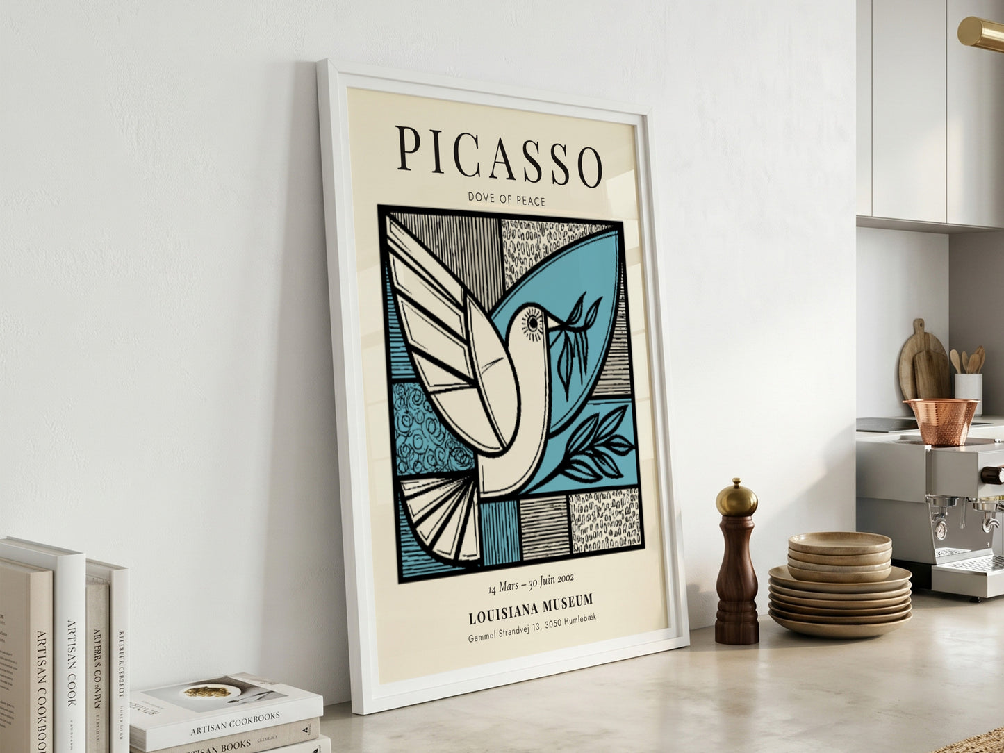 Dove of Peace poster featuring minimalist design in blue and black, inspired by Picasso, perfect for wall