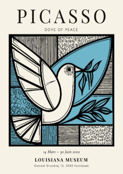 Dove of Peace poster featuring minimalist design in blue and black, inspired by Picasso, perfect for wall