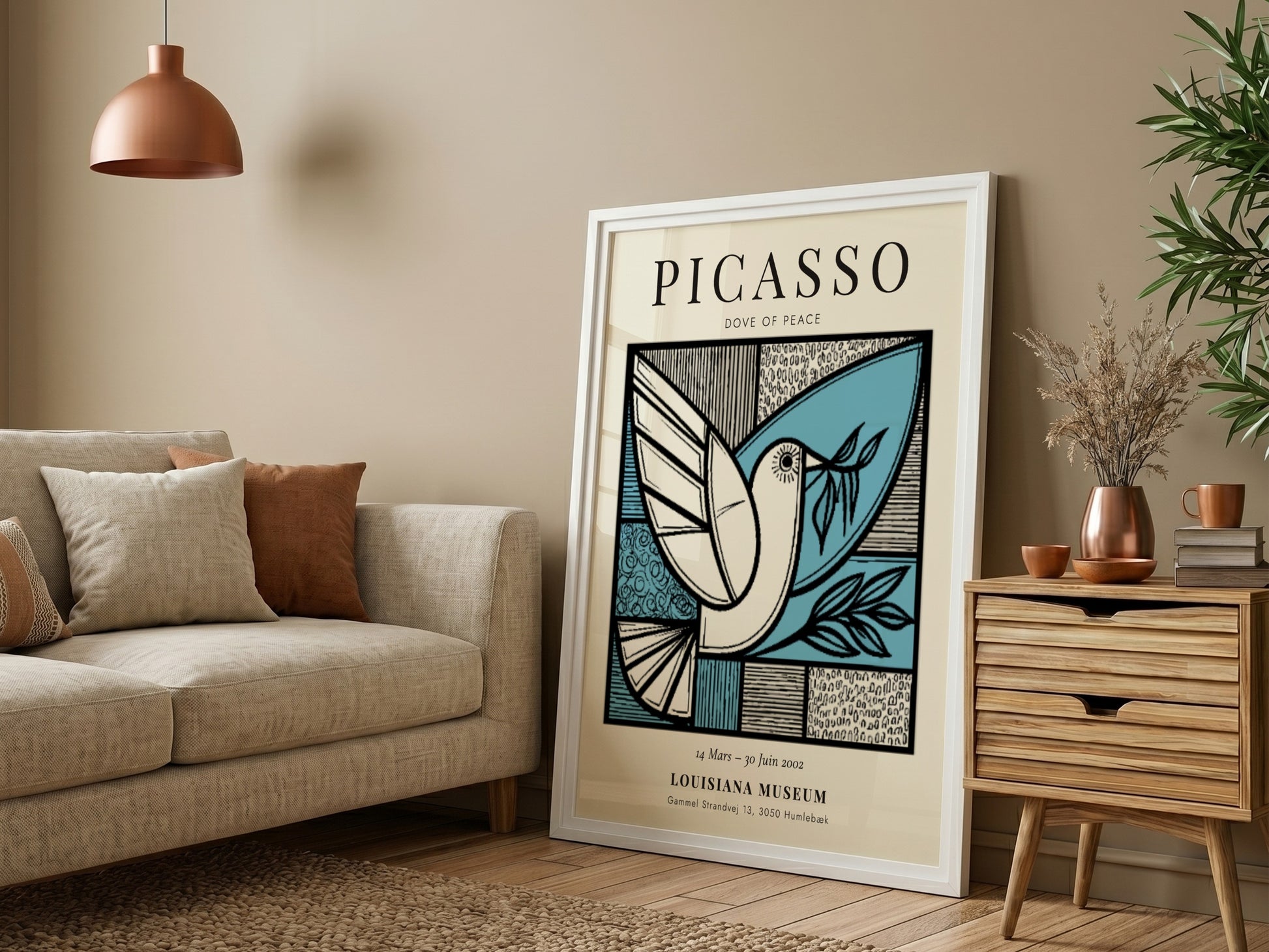 Dove of Peace poster featuring minimalist design in blue and black, inspired by Picasso, perfect for wall