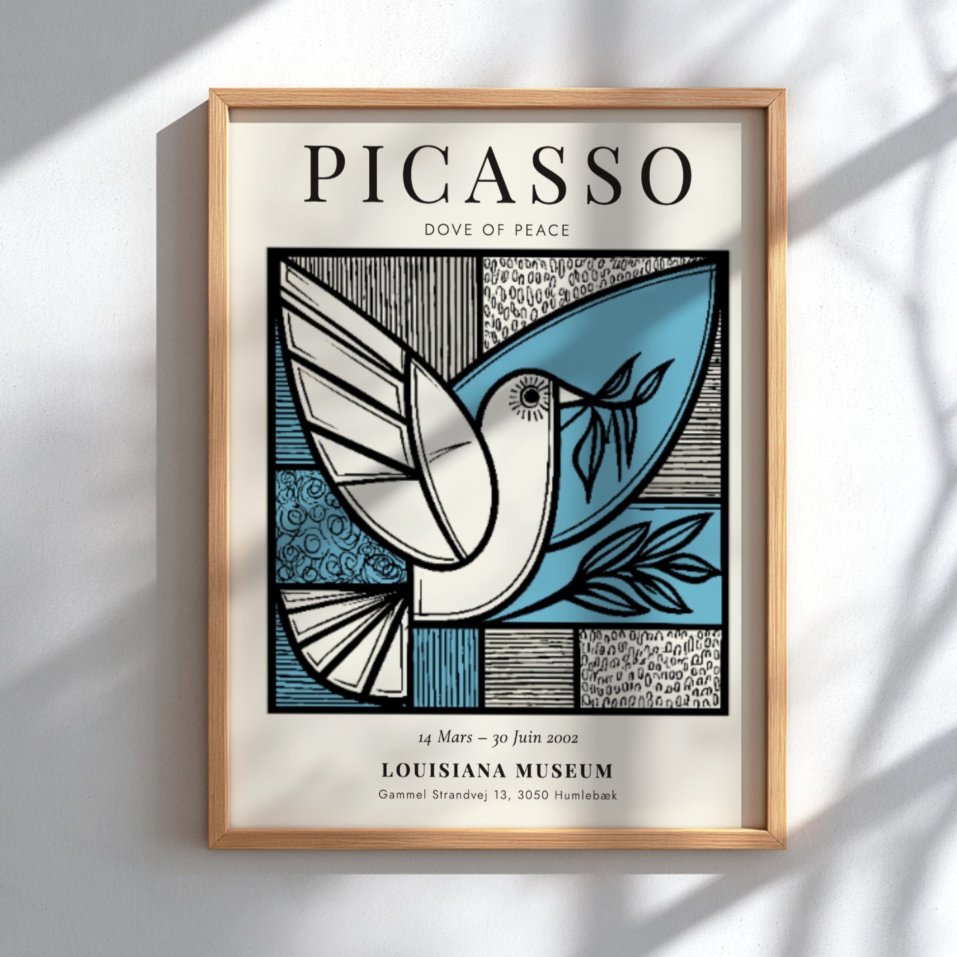 Dove of Peace poster featuring minimalist design in blue and black, inspired by Picasso, perfect for wall