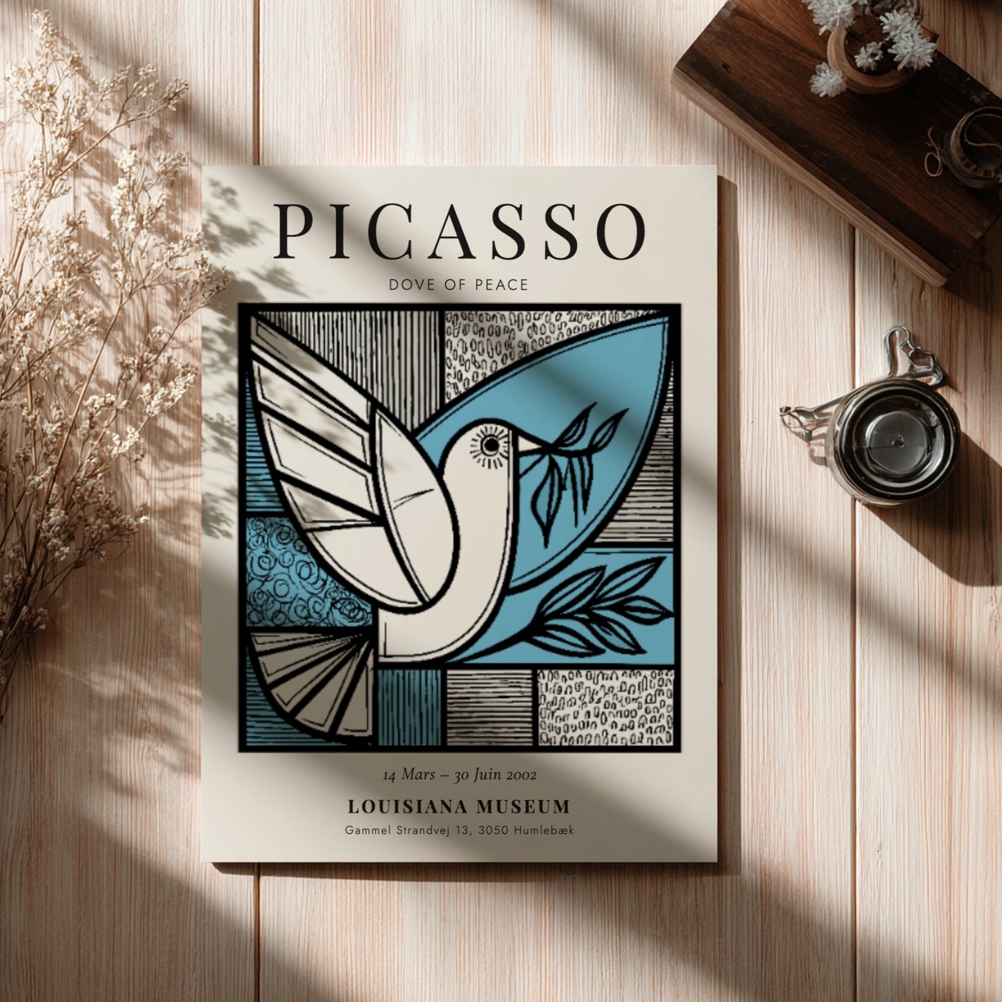 Dove of Peace poster featuring minimalist design in blue and black, inspired by Picasso, perfect for wall