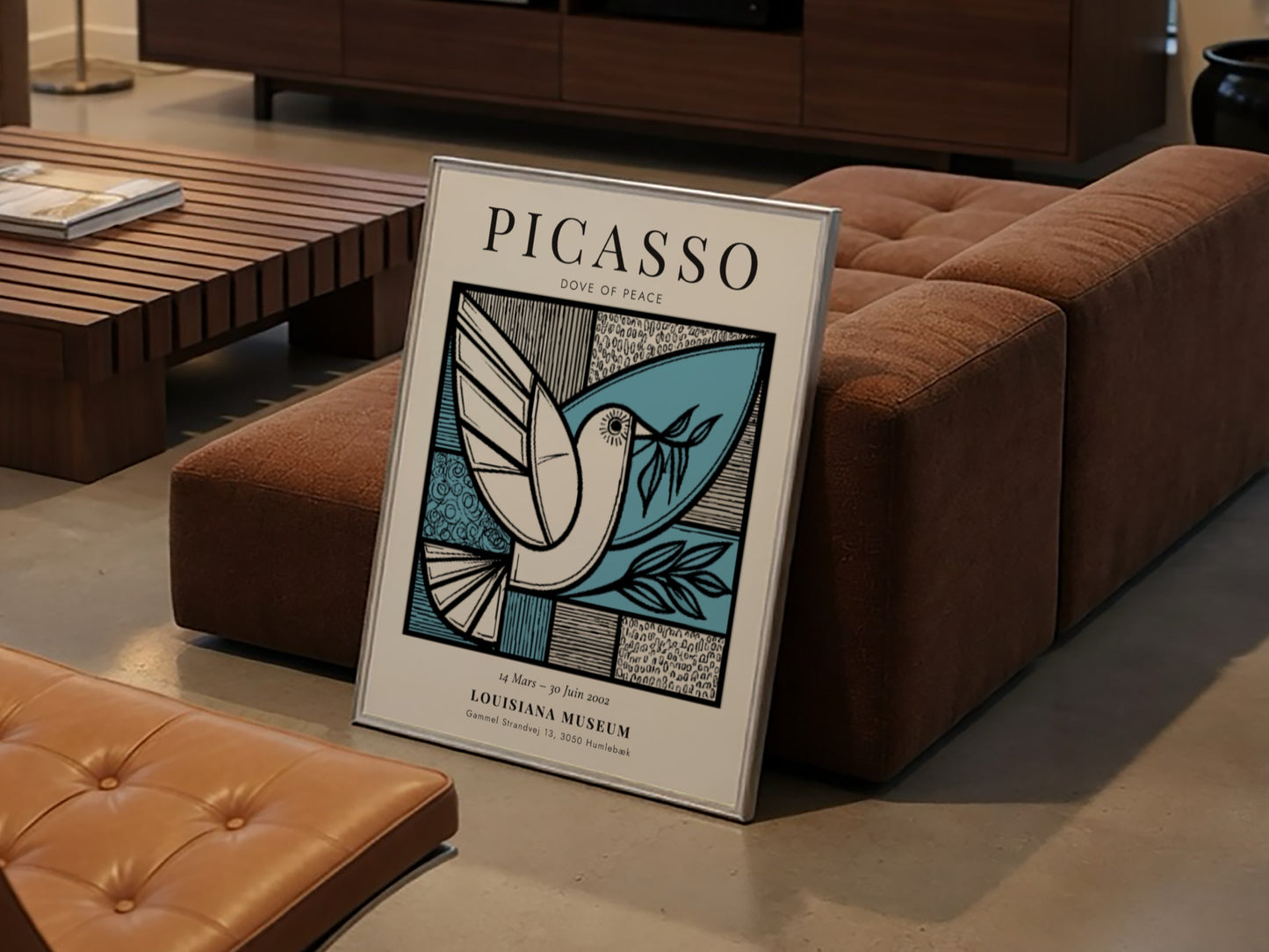Dove of Peace poster featuring minimalist design in blue and black, inspired by Picasso, perfect for wall