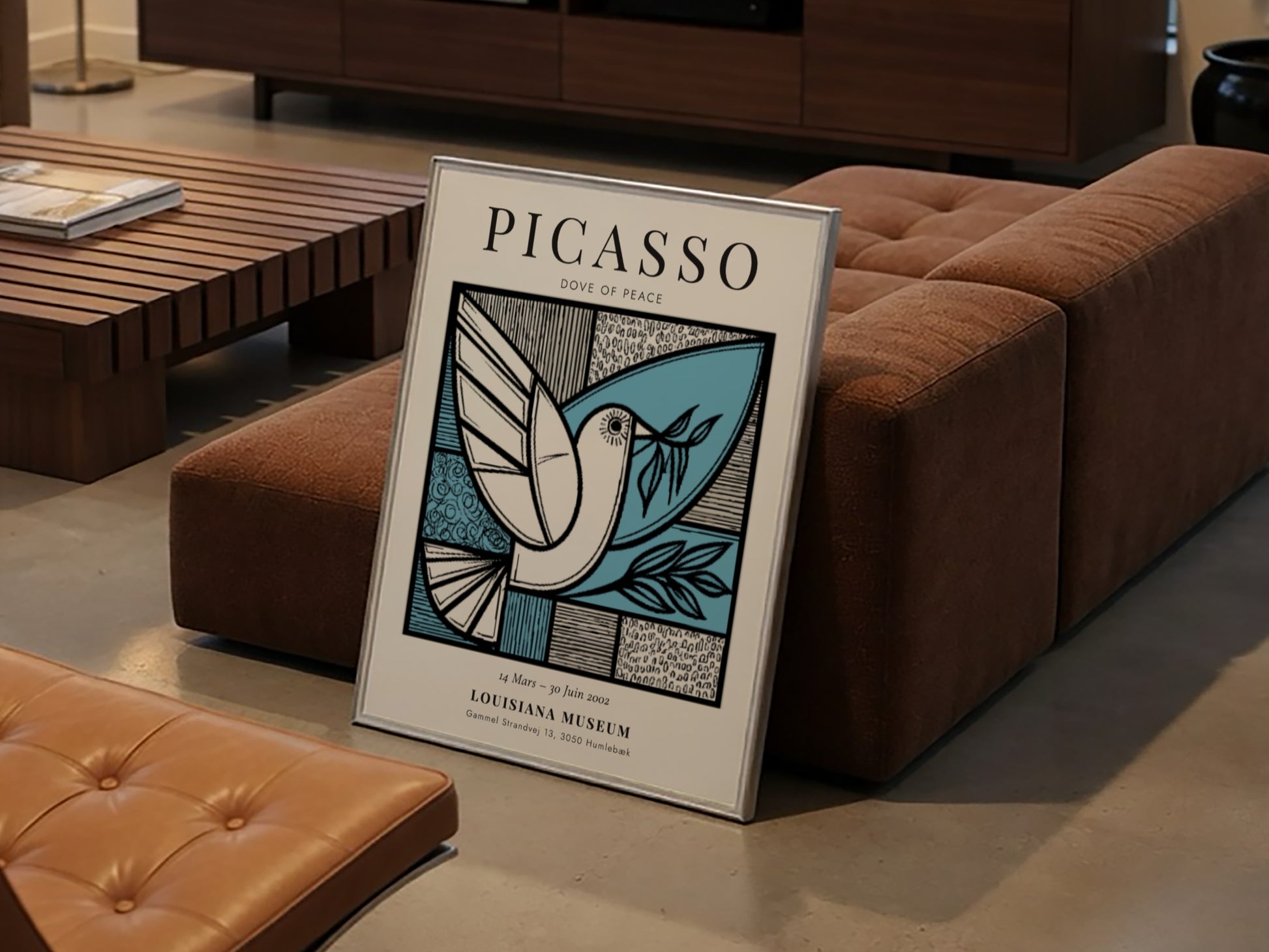 Dove of Peace poster featuring minimalist design in blue and black, inspired by Picasso, perfect for wall