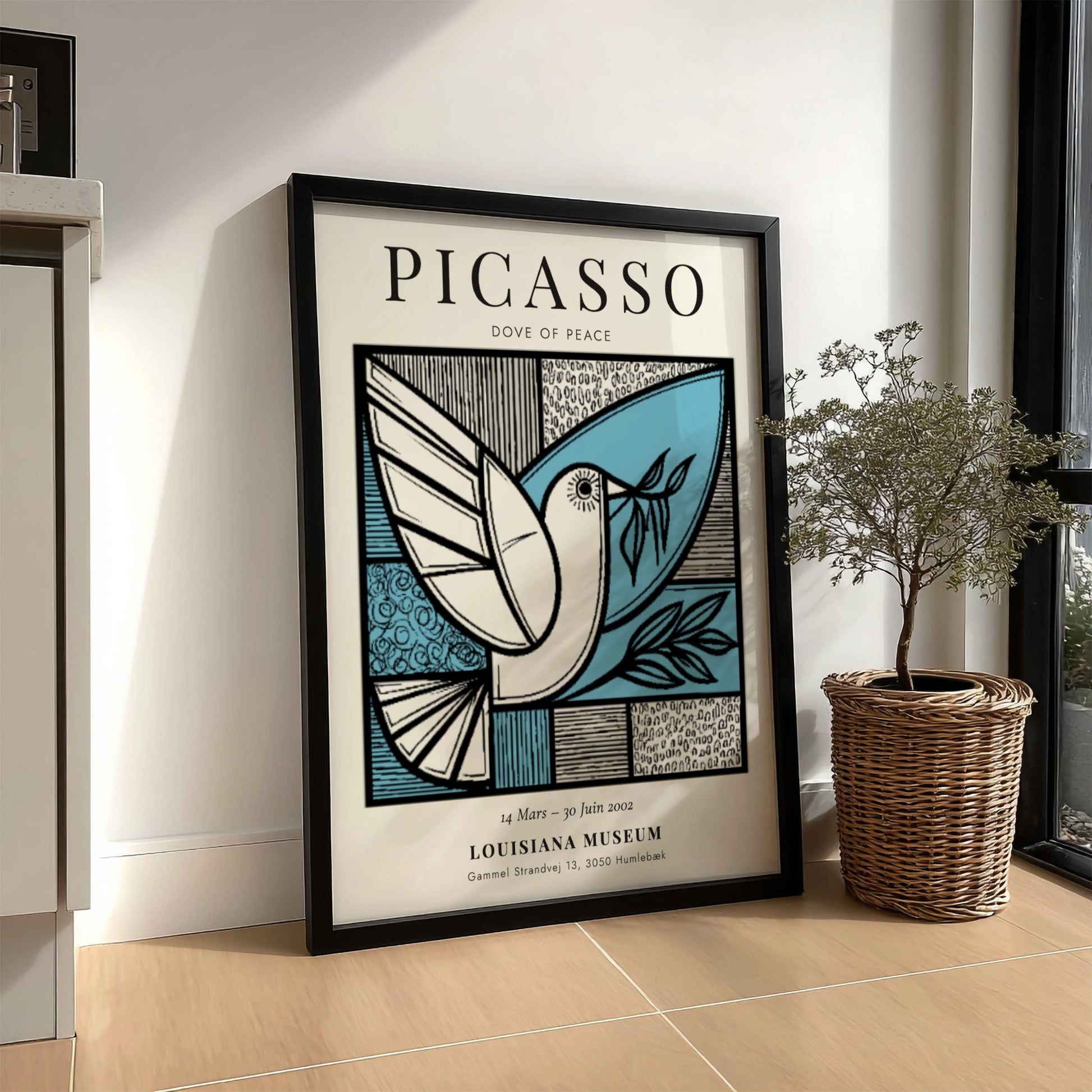 Dove of Peace poster featuring minimalist design in blue and black, inspired by Picasso, perfect for wall