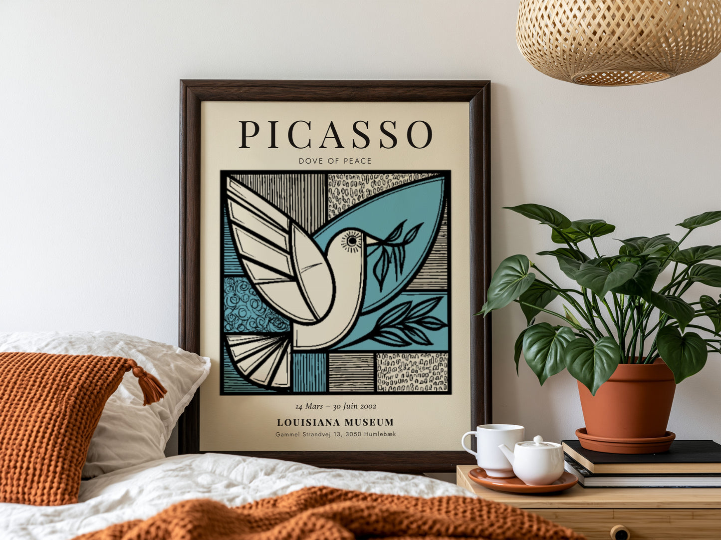 Dove of Peace poster featuring minimalist design in blue and black, inspired by Picasso, perfect for wall