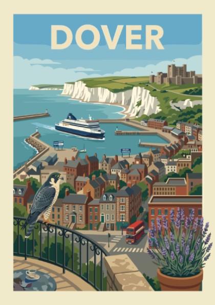 Vintage style poster of Dover harbour with white cliffs, castle, ferry, and town buildings.