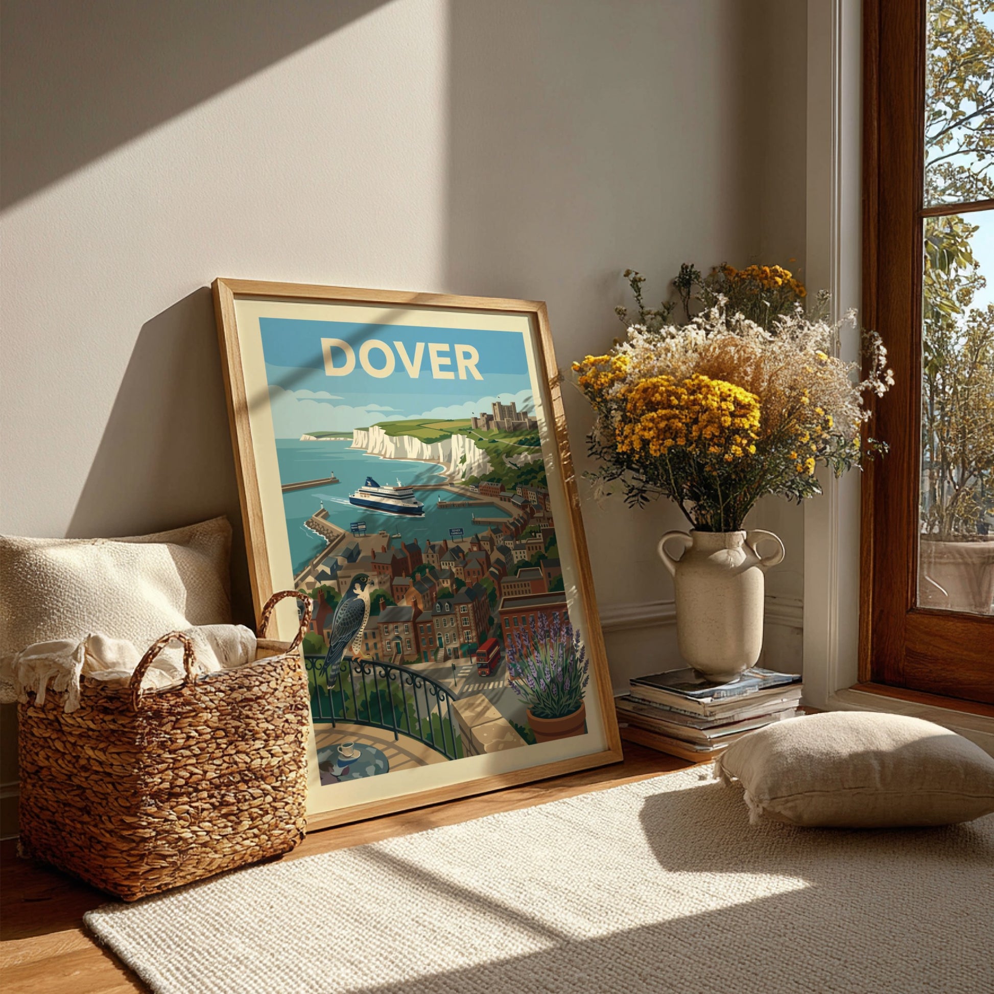 Vintage style poster of Dover harbour with white cliffs, castle, ferry, and town buildings.