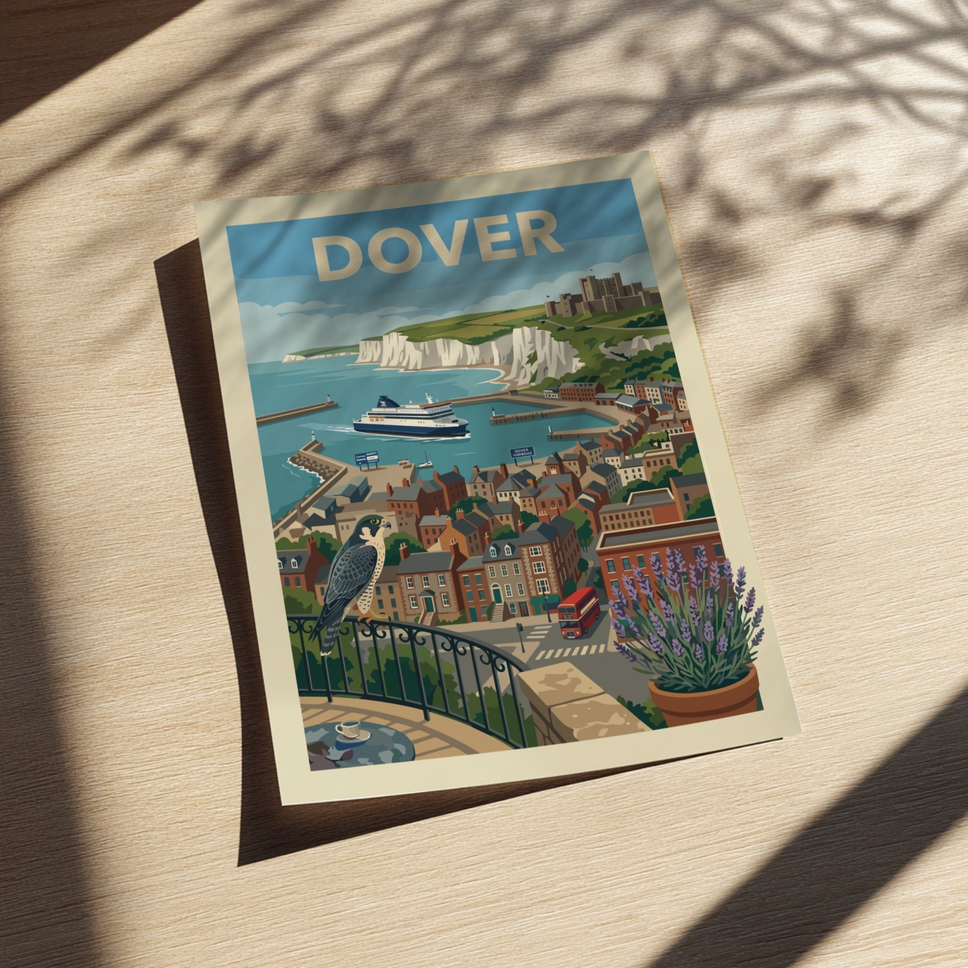 Vintage style poster of Dover harbour with white cliffs, castle, ferry, and town buildings.