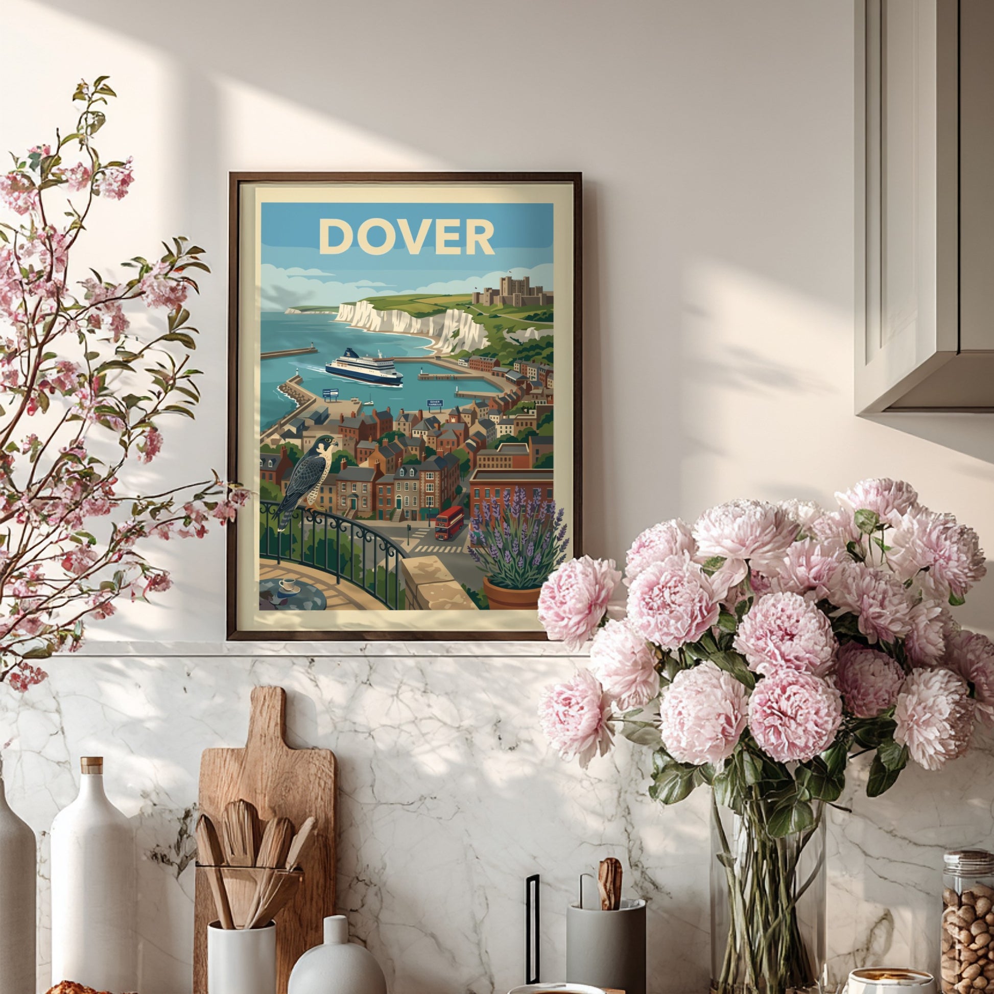 Vintage style poster of Dover harbour with white cliffs, castle, ferry, and town buildings.