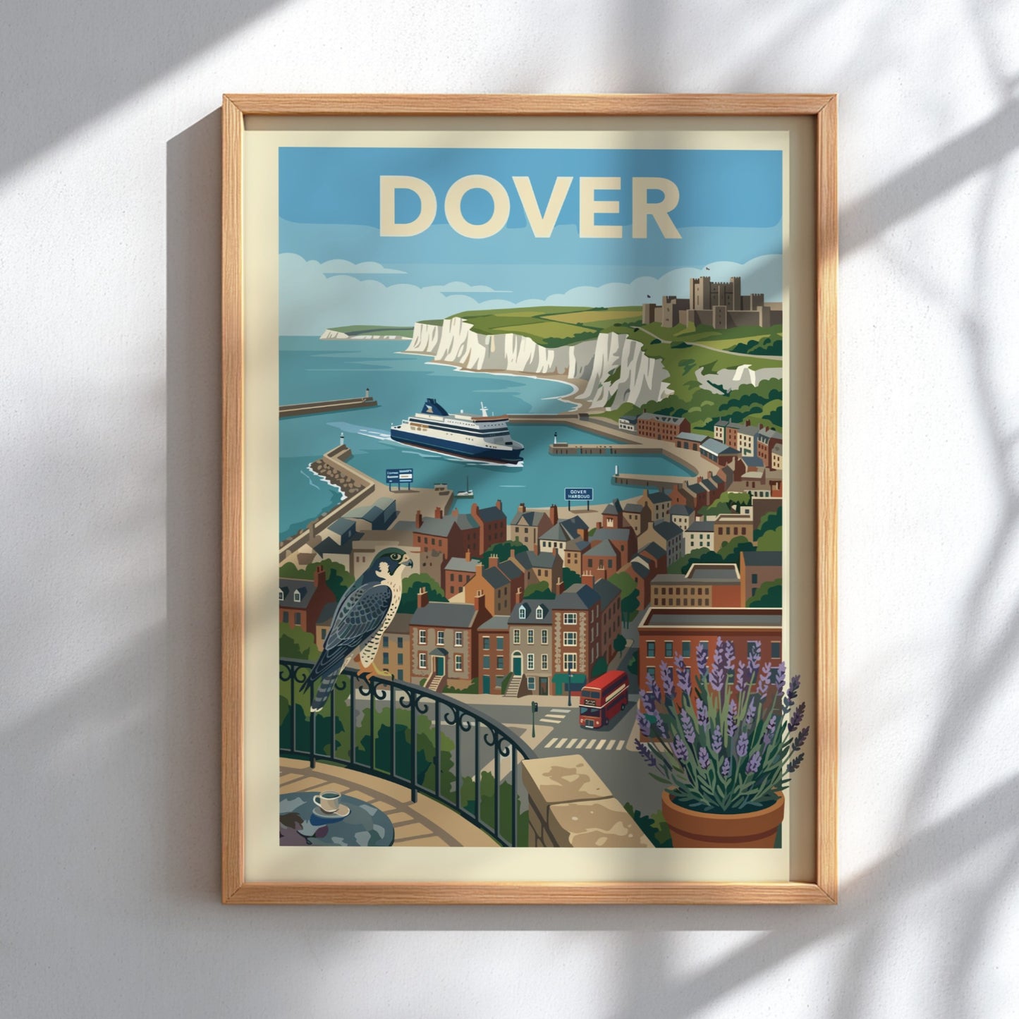 Vintage style poster of Dover harbour with white cliffs, castle, ferry, and town buildings.