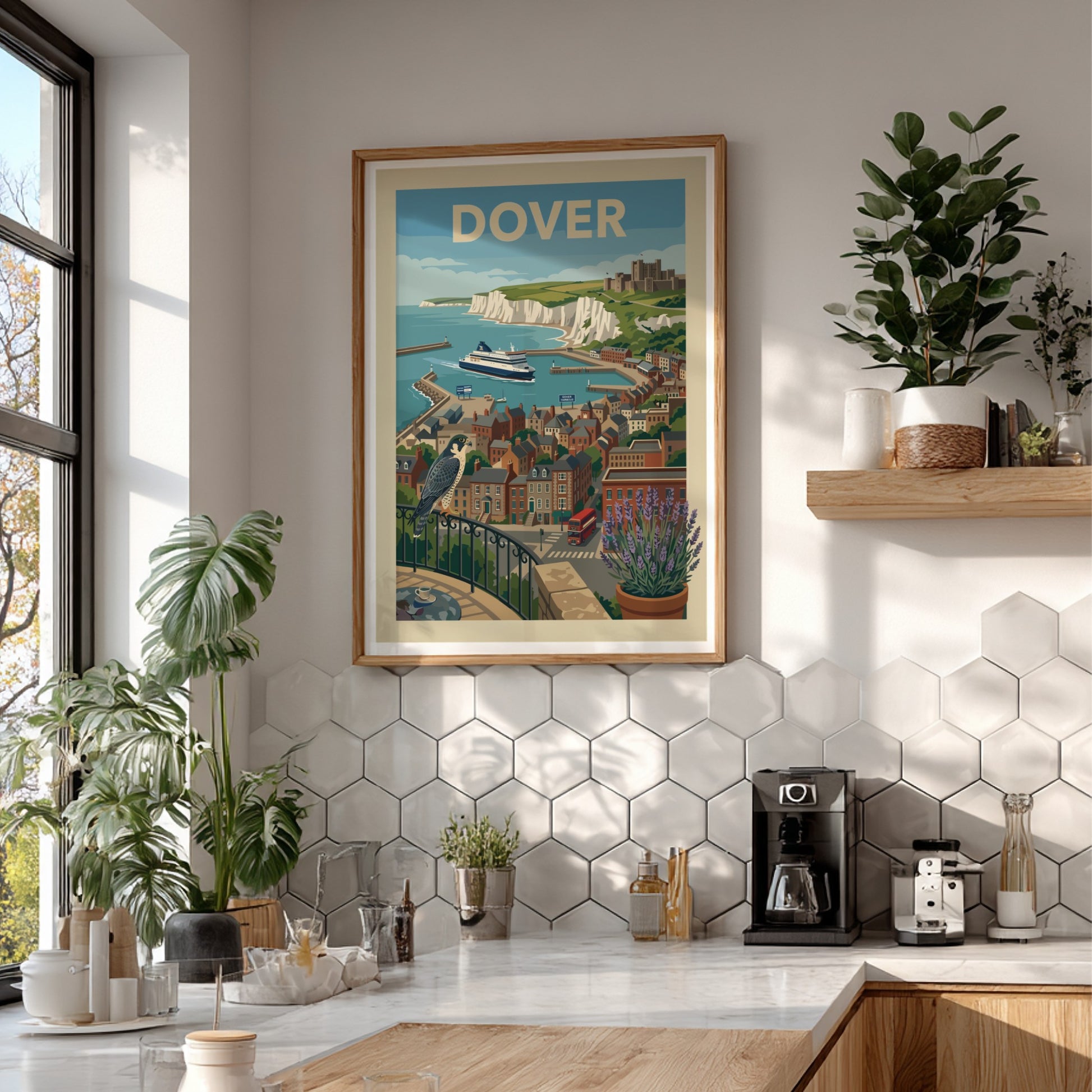 Vintage style poster of Dover harbour with white cliffs, castle, ferry, and town buildings.