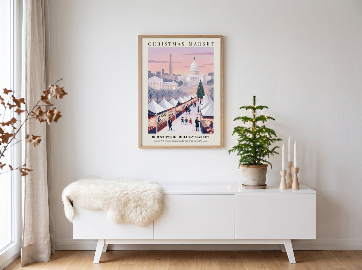 Christmas market poster featuring the Washington Monument and Capitol Building in a snowy scene.