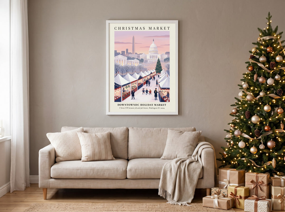Christmas market poster featuring the Washington Monument and Capitol Building in a snowy scene.