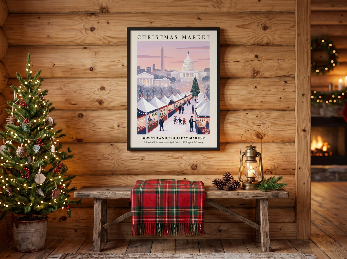 Christmas market poster featuring the Washington Monument and Capitol Building in a snowy scene.