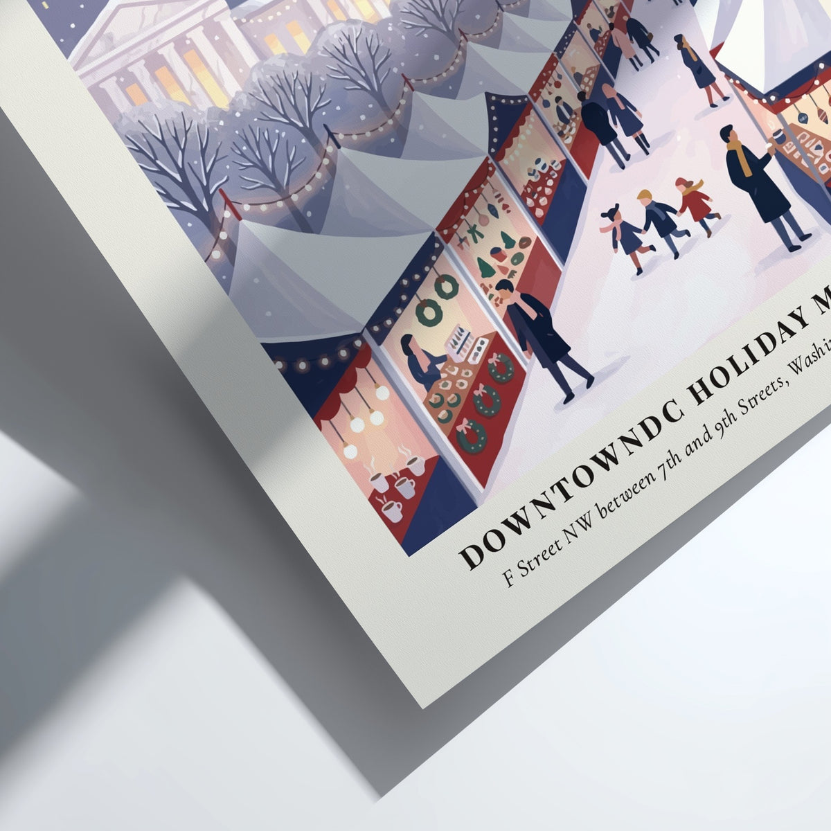 Christmas market poster featuring the Washington Monument and Capitol Building in a snowy scene.