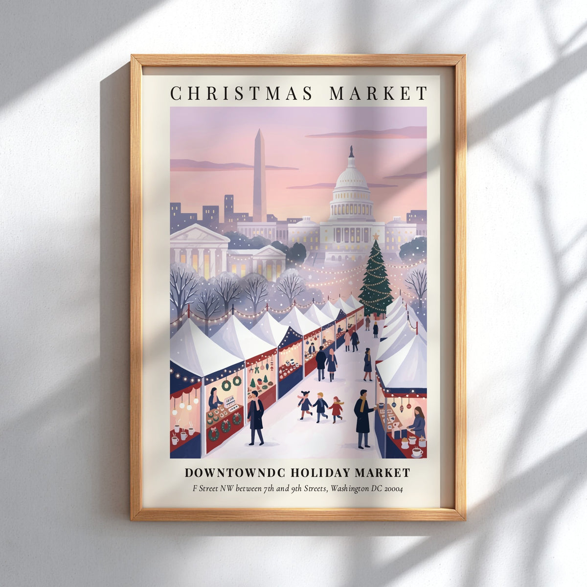 Christmas market poster featuring the Washington Monument and Capitol Building in a snowy scene.