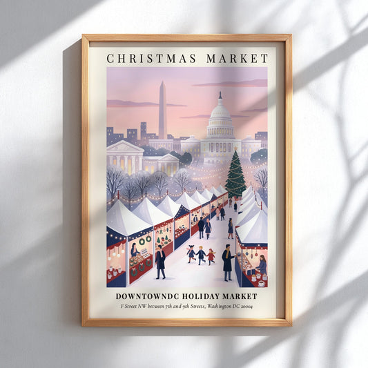 Christmas market poster featuring the Washington Monument and Capitol Building in a snowy scene.