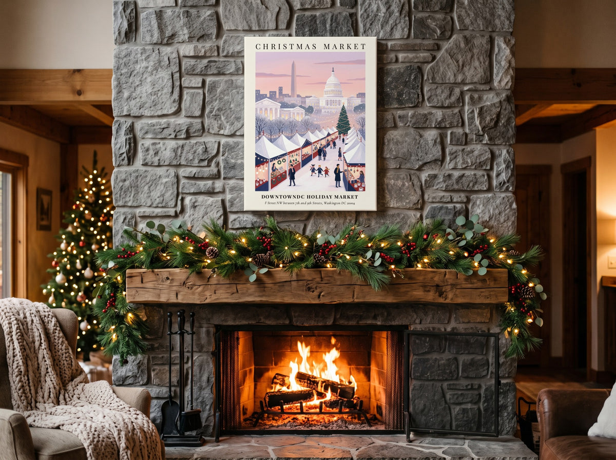 Christmas market poster featuring the Washington Monument and Capitol Building in a snowy scene.