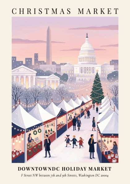 Christmas market poster featuring the Washington Monument and Capitol Building in a snowy scene.