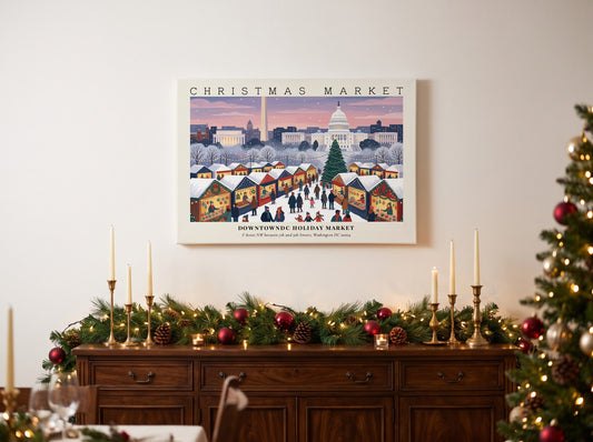 Poster of the DowntownDC Holiday Market with stalls and the Capitol building in winter.