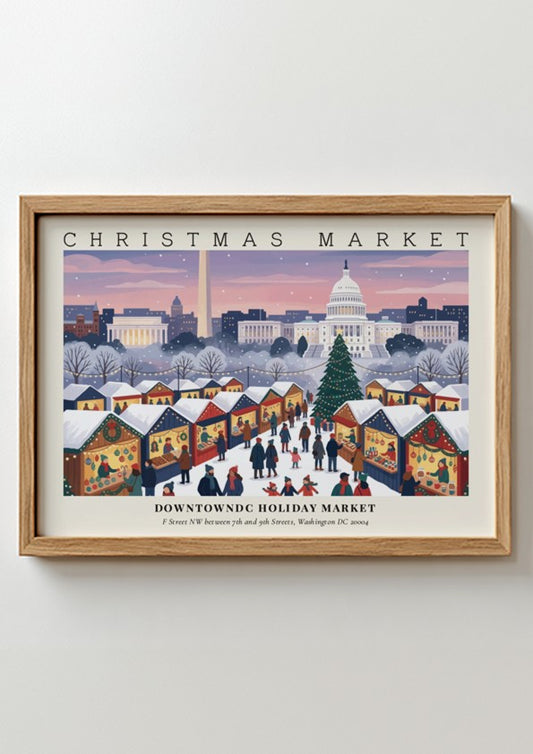 Poster of the DowntownDC Holiday Market with stalls and the Capitol building in winter.