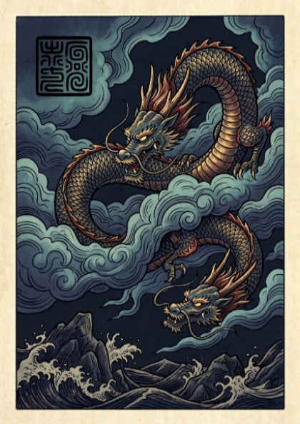 Japanese art style poster featuring a dragon in storm clouds with vibrant colors and intricate details