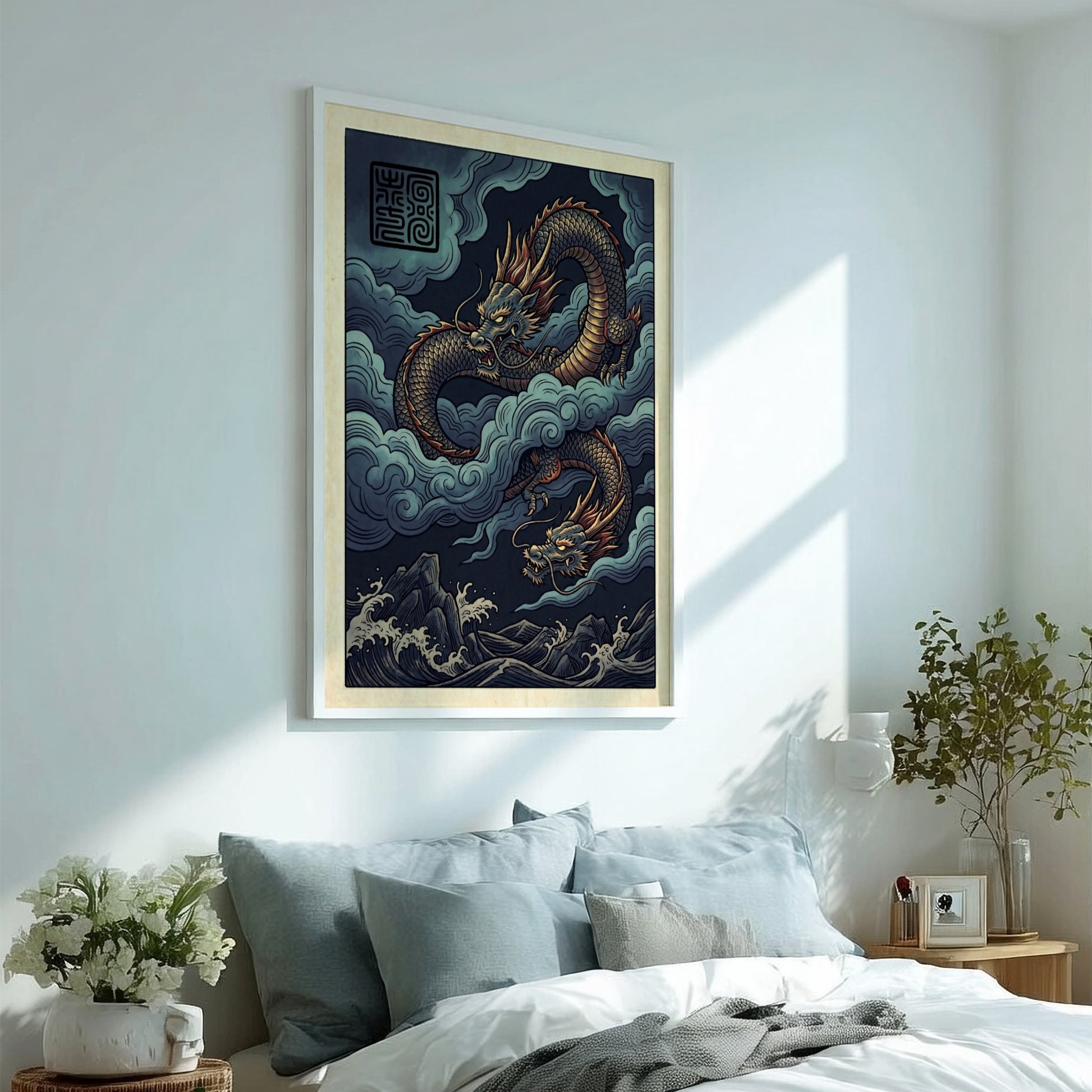 Japanese art style poster featuring a dragon in storm clouds with vibrant colors and intricate details