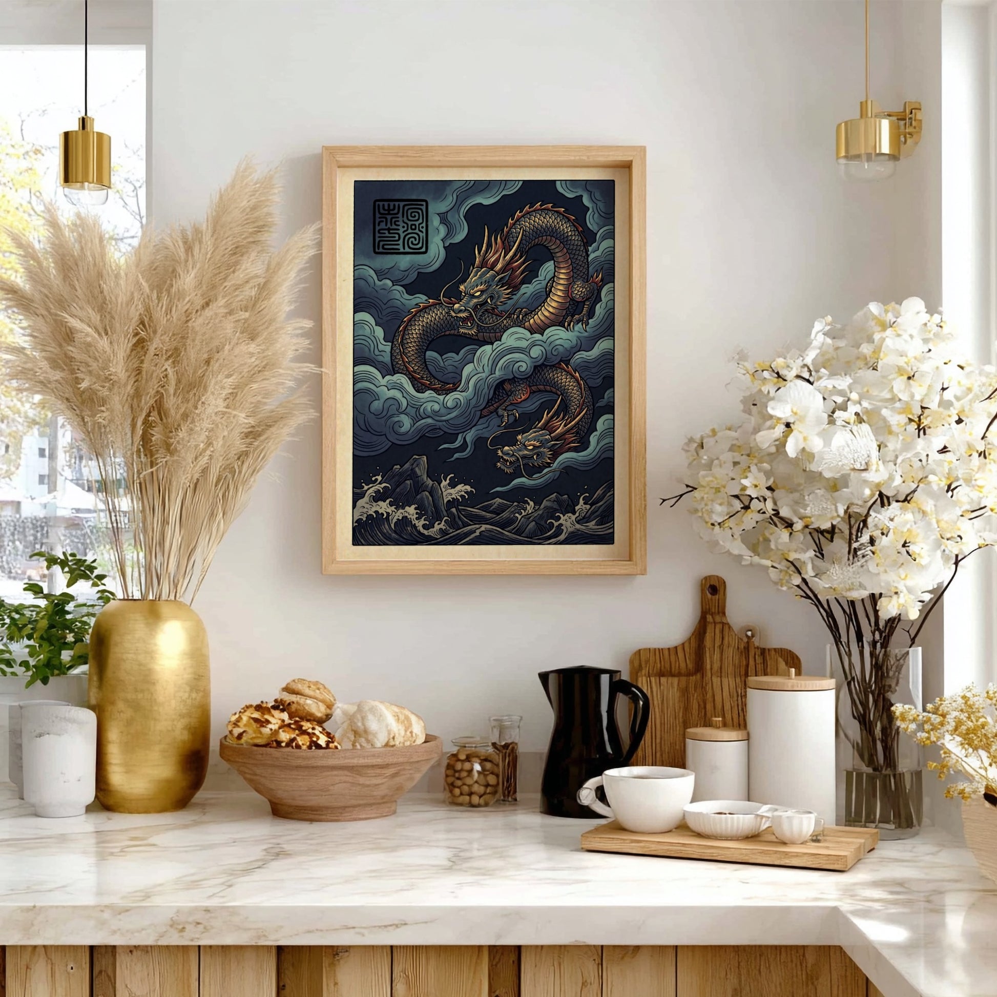 Japanese art style poster featuring a dragon in storm clouds with vibrant colors and intricate details