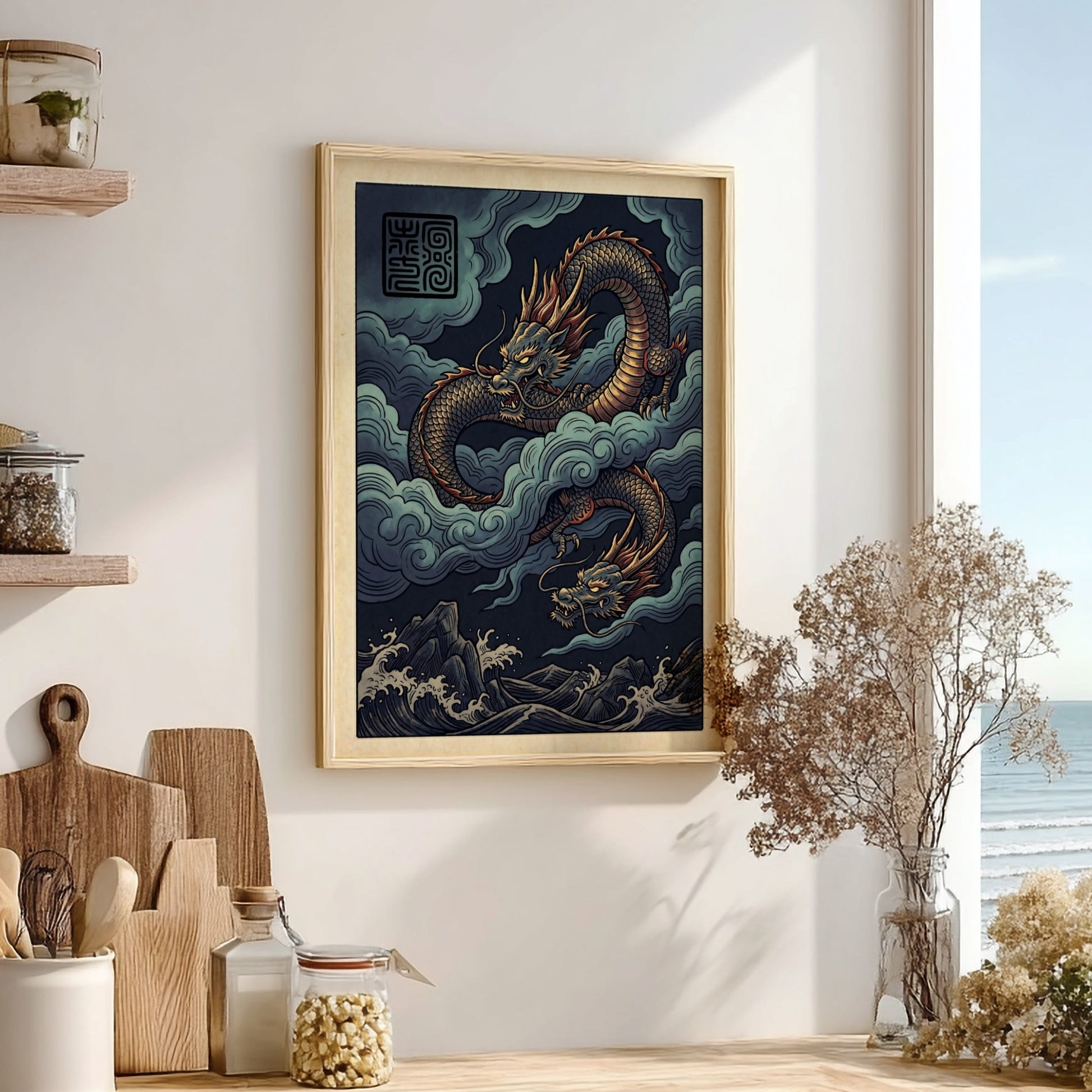 Japanese art style poster featuring a dragon in storm clouds with vibrant colors and intricate details