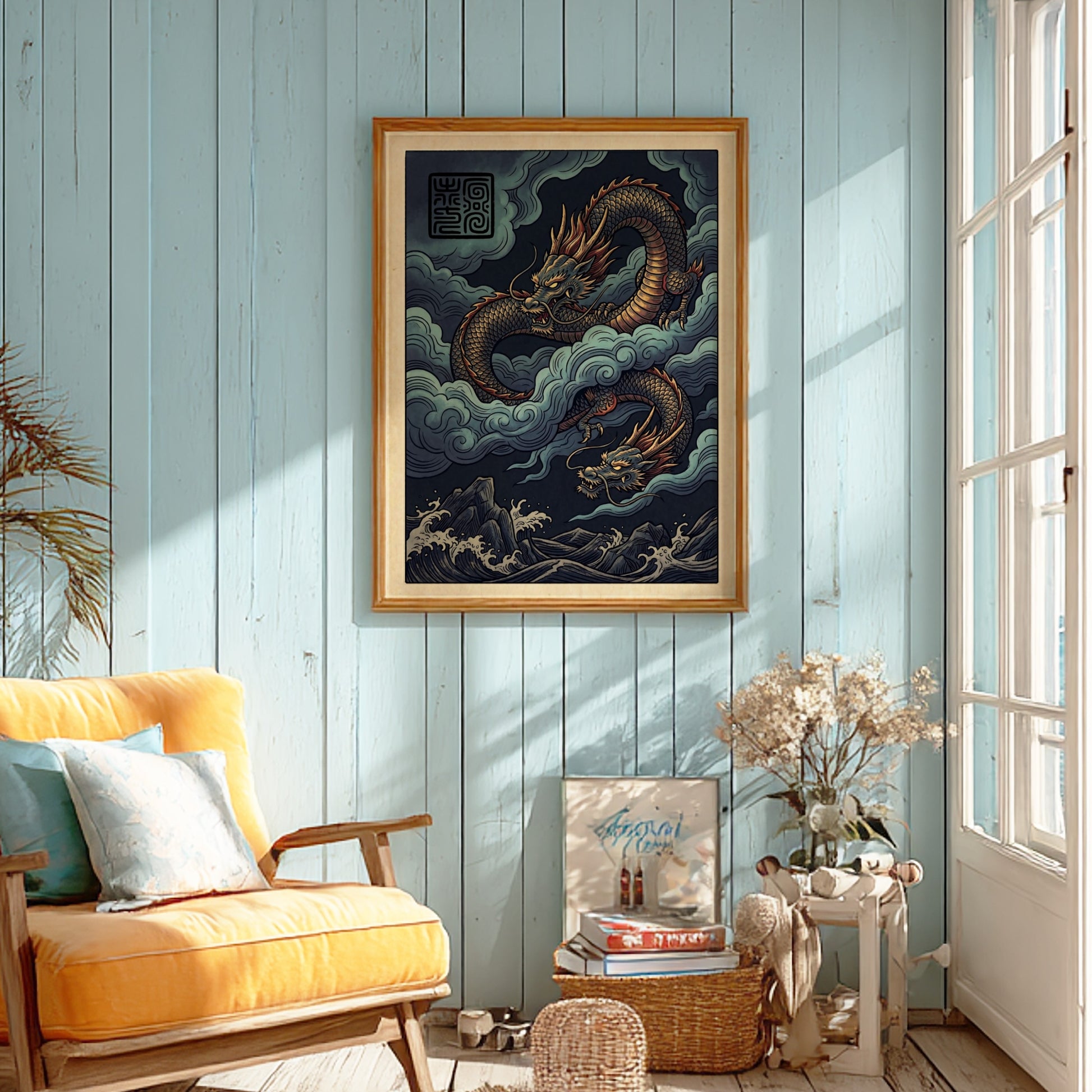 Japanese art style poster featuring a dragon in storm clouds with vibrant colors and intricate details