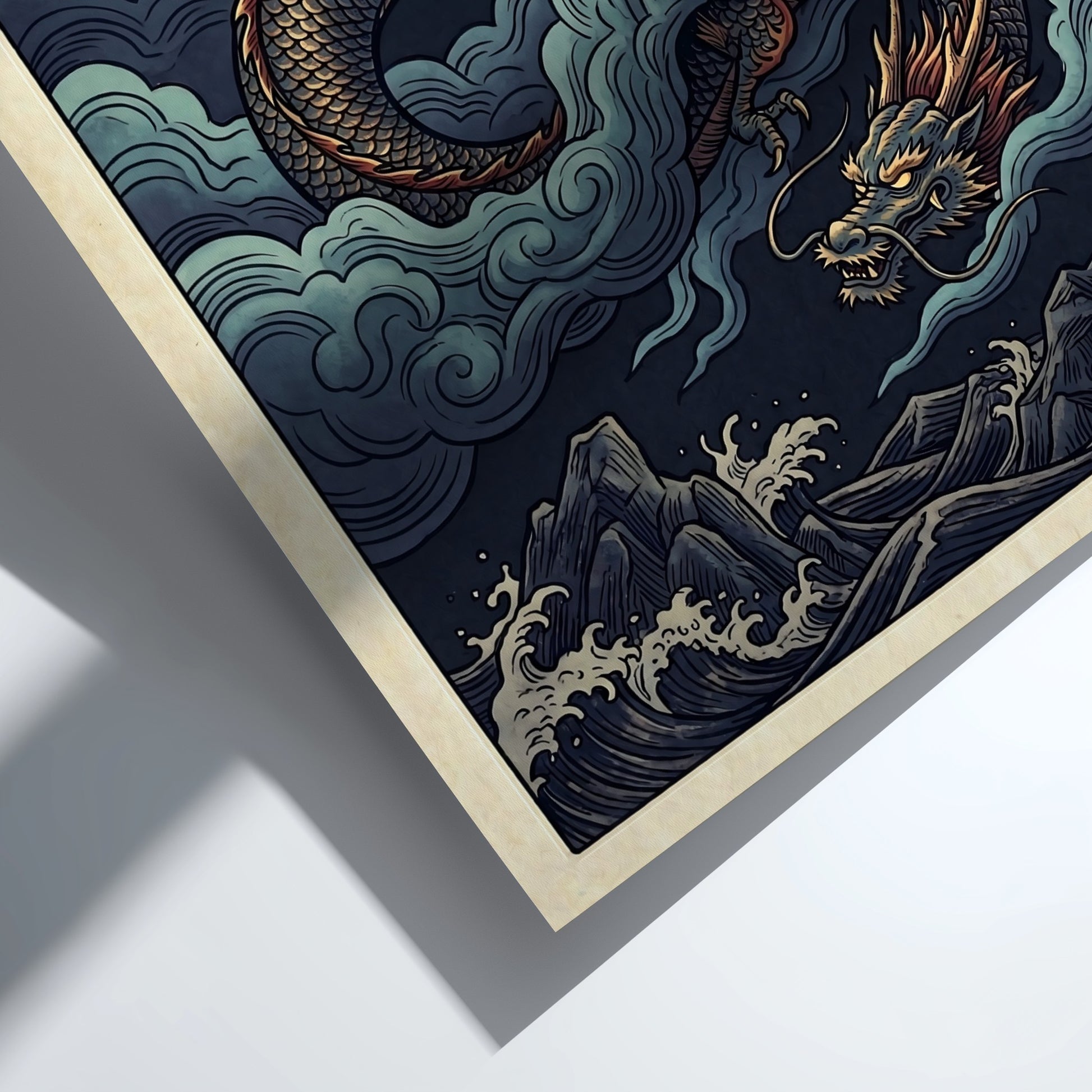 Japanese art style poster featuring a dragon in storm clouds with vibrant colors and intricate details