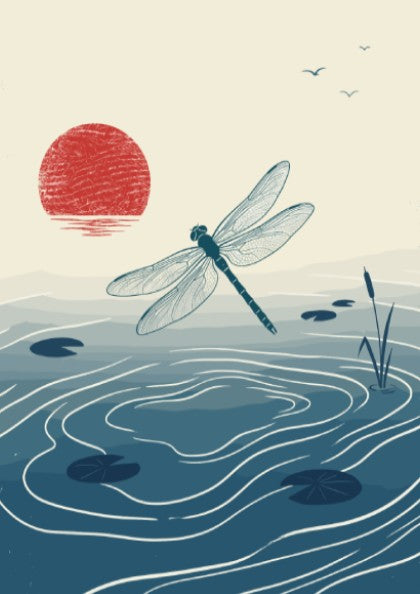 Dragonfly hovering over a dark blue pond with a large red sun above.