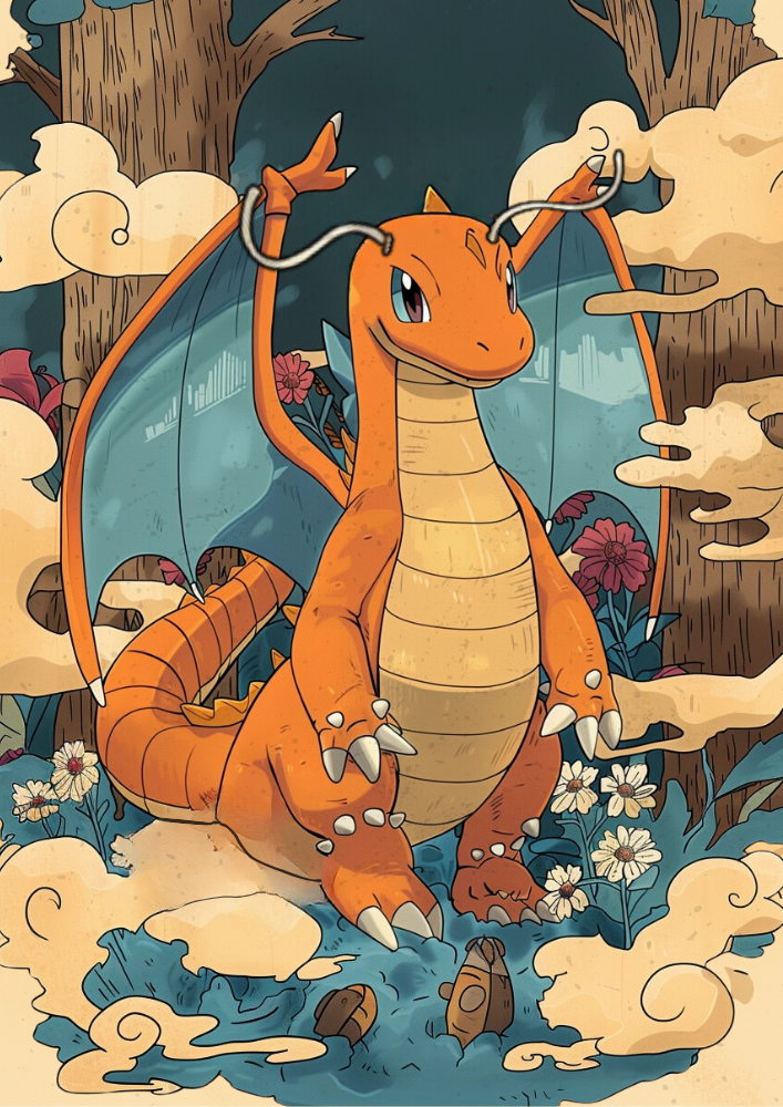 Dragonite Poster: Japanese Tapestry Style Pokemon Anime Poster, Dragonite Artwork